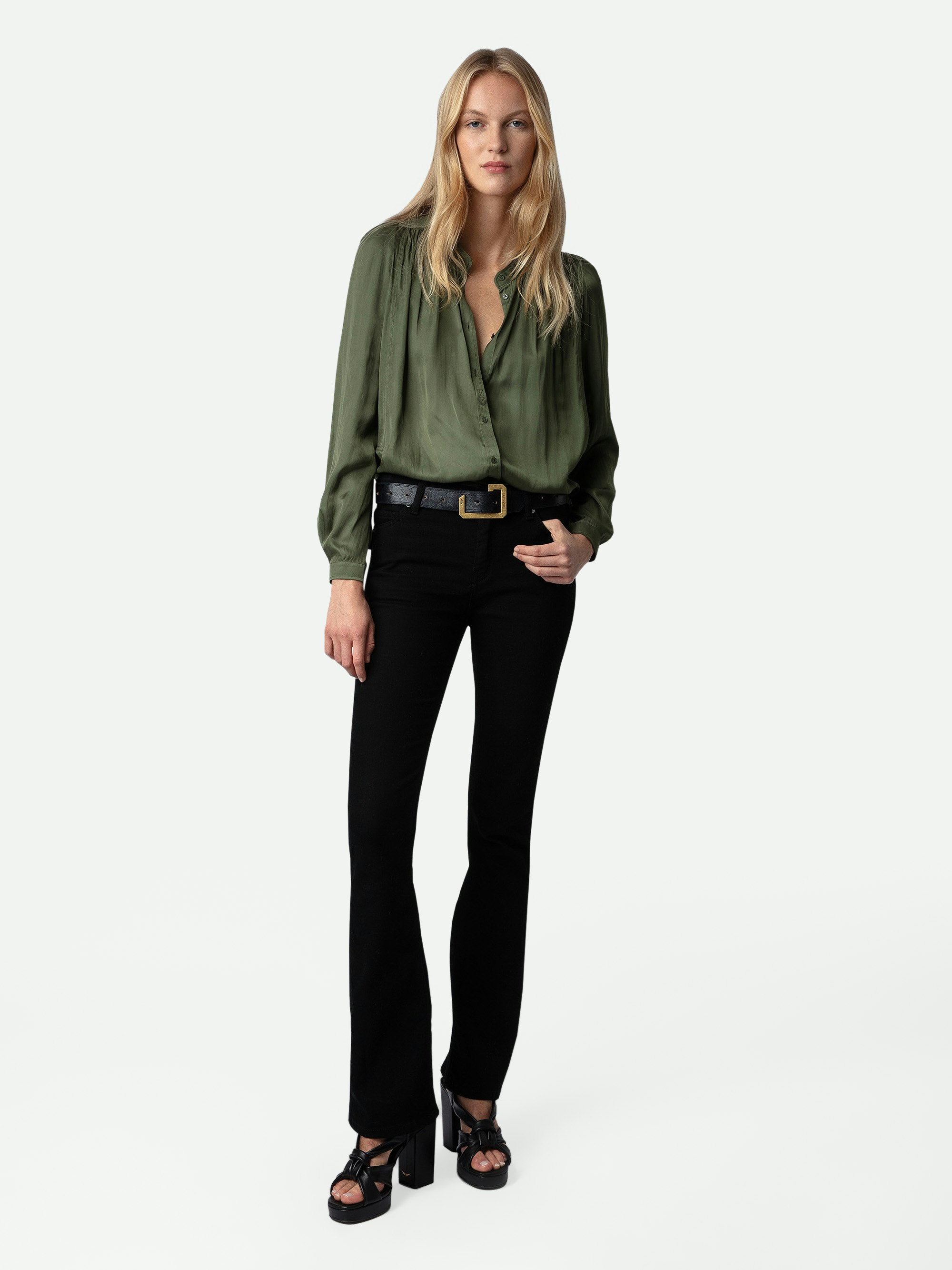 Tchin Satin Blouse - Buttoned khaki satin blouse with long sleeves and gathered shoulders.