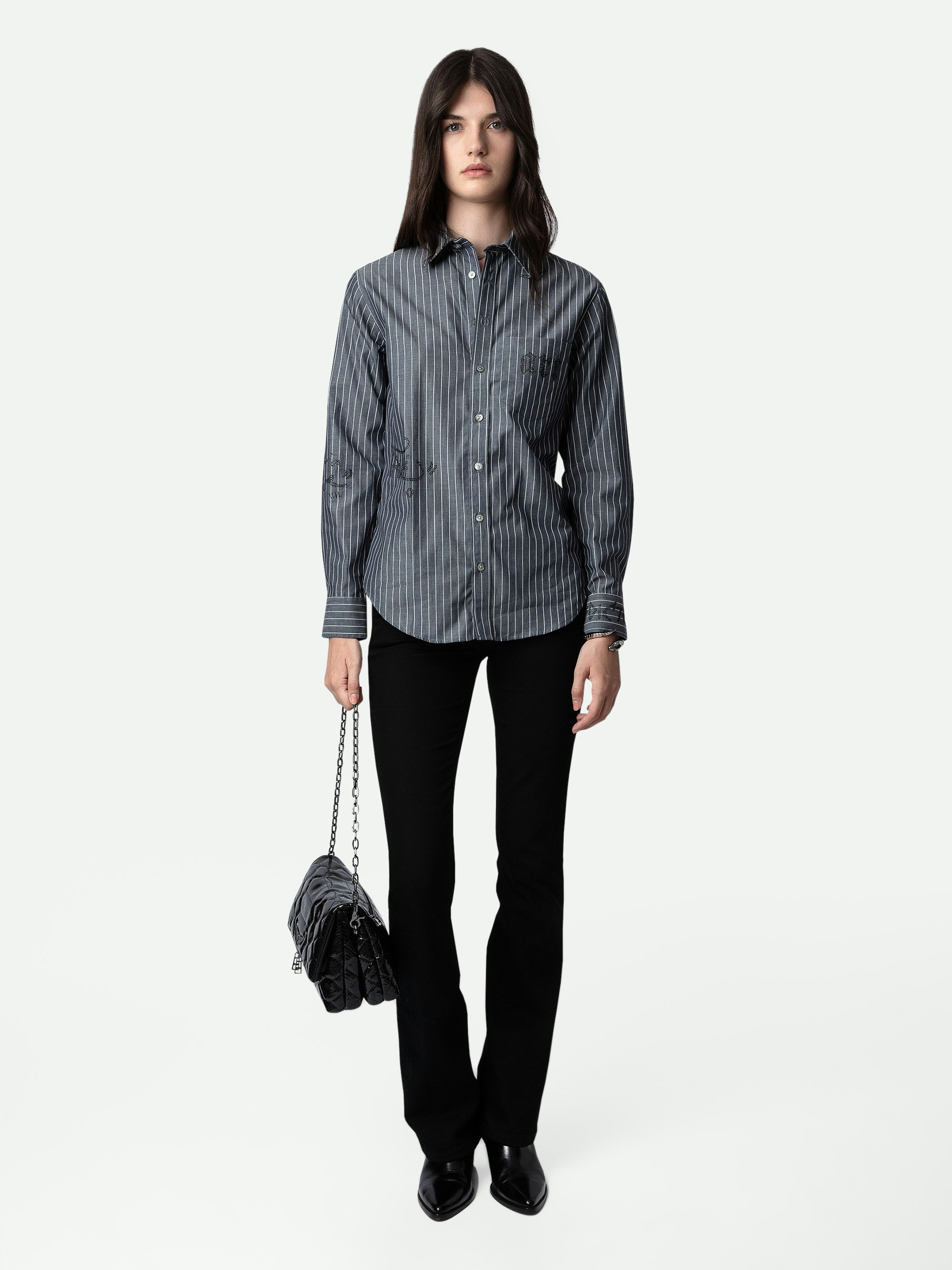 Camicia Taskiz Strass - Camicia da donna in cotone grigio decorata con manifesto Zadig&Voltaire in strass.