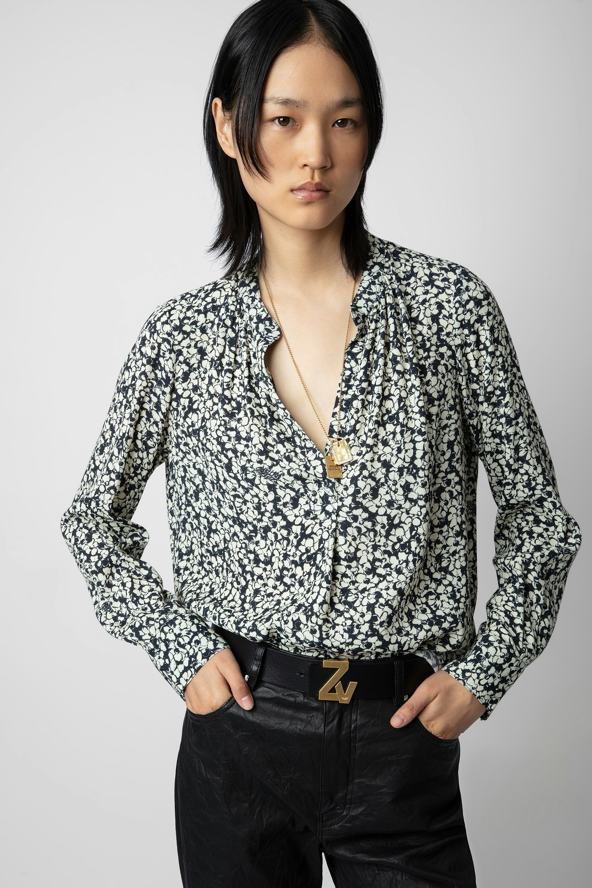 Tink Blouse - Women’s ecru floral-print blouse with open collar.