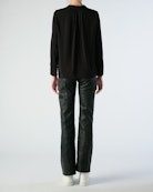 Tink Blouse - Women's black blouse with print, open collar, and gathered details.