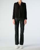 Tink Blouse - Women's black blouse with print, open collar, and gathered details.