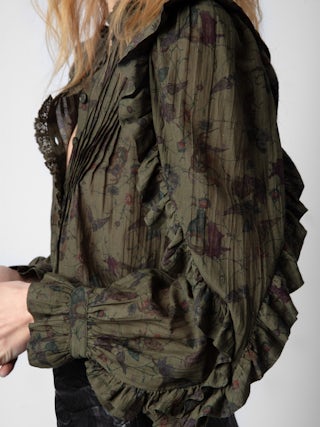 Blouse Timmy - Blouse en coton kaki à imprimé, manches longues et volants.