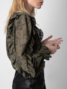 Timmy Blouse - Printed khaki cotton blouse with long sleeves and ruffles.