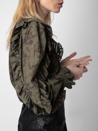 Blouse Timmy - Blouse en coton kaki à imprimé, manches longues et volants.