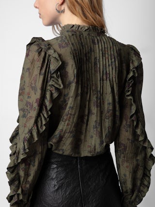 Blouse Timmy - Blouse en coton kaki à imprimé, manches longues et volants.