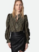 Timmy Blouse - Printed khaki cotton blouse with long sleeves and ruffles.