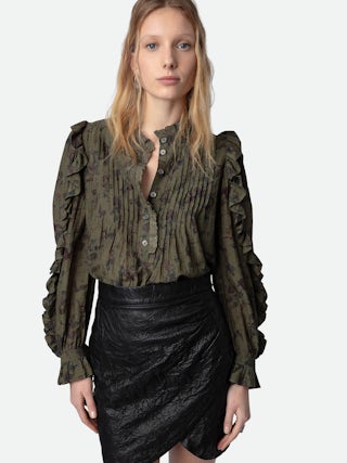 Blouse Timmy - Blouse en coton kaki à imprimé, manches longues et volants.