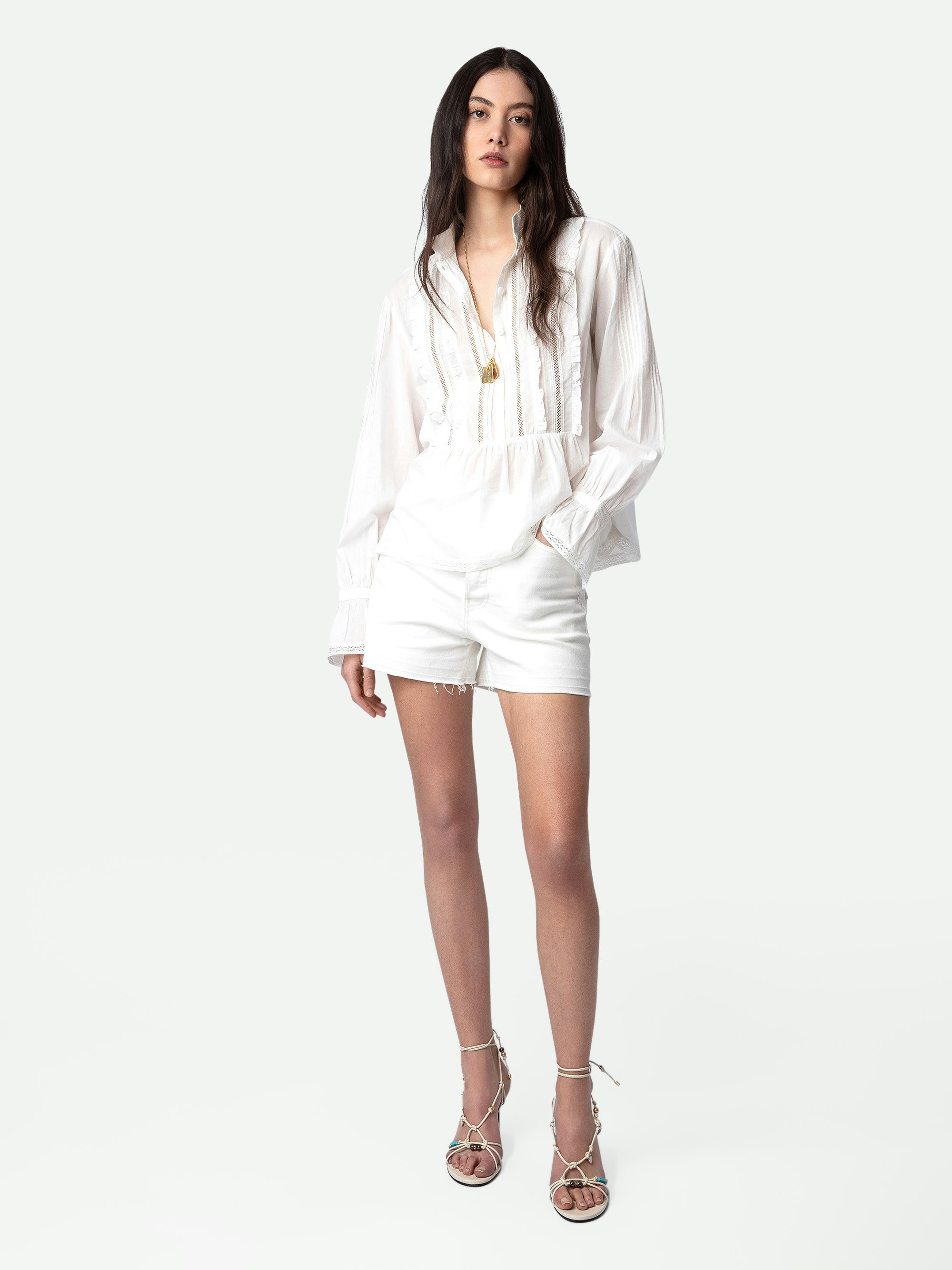 Tricia Shirt - Women's white ruffled blouse.