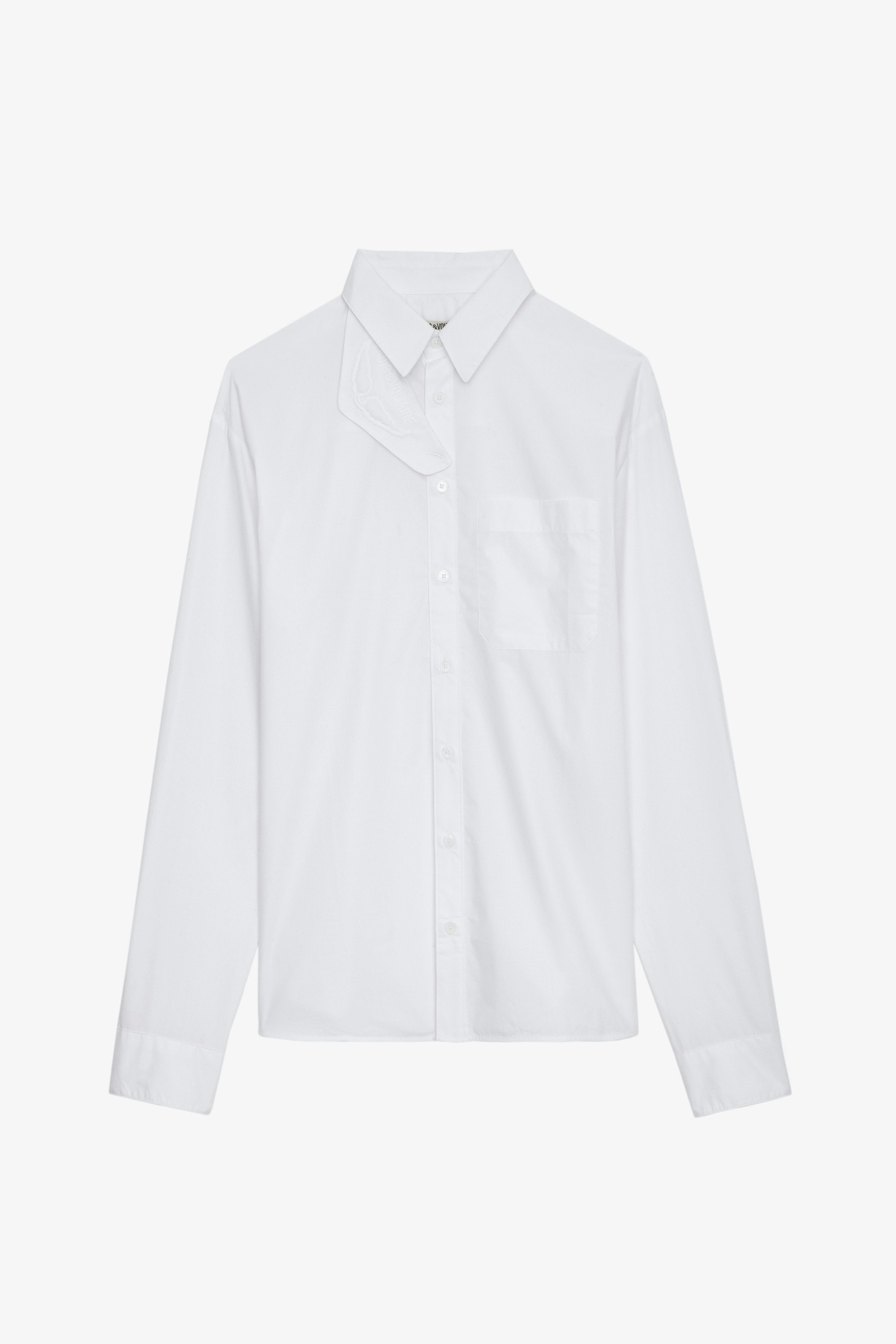 Tyrone Shirt - White cotton long shirt with button closure, pockets and removable decorative collar band.