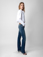 Theby Shirt - White cotton cropped shirt with wings embroidery and pleat details.