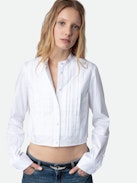 Theby Shirt - White cotton cropped shirt with wings embroidery and pleat details.