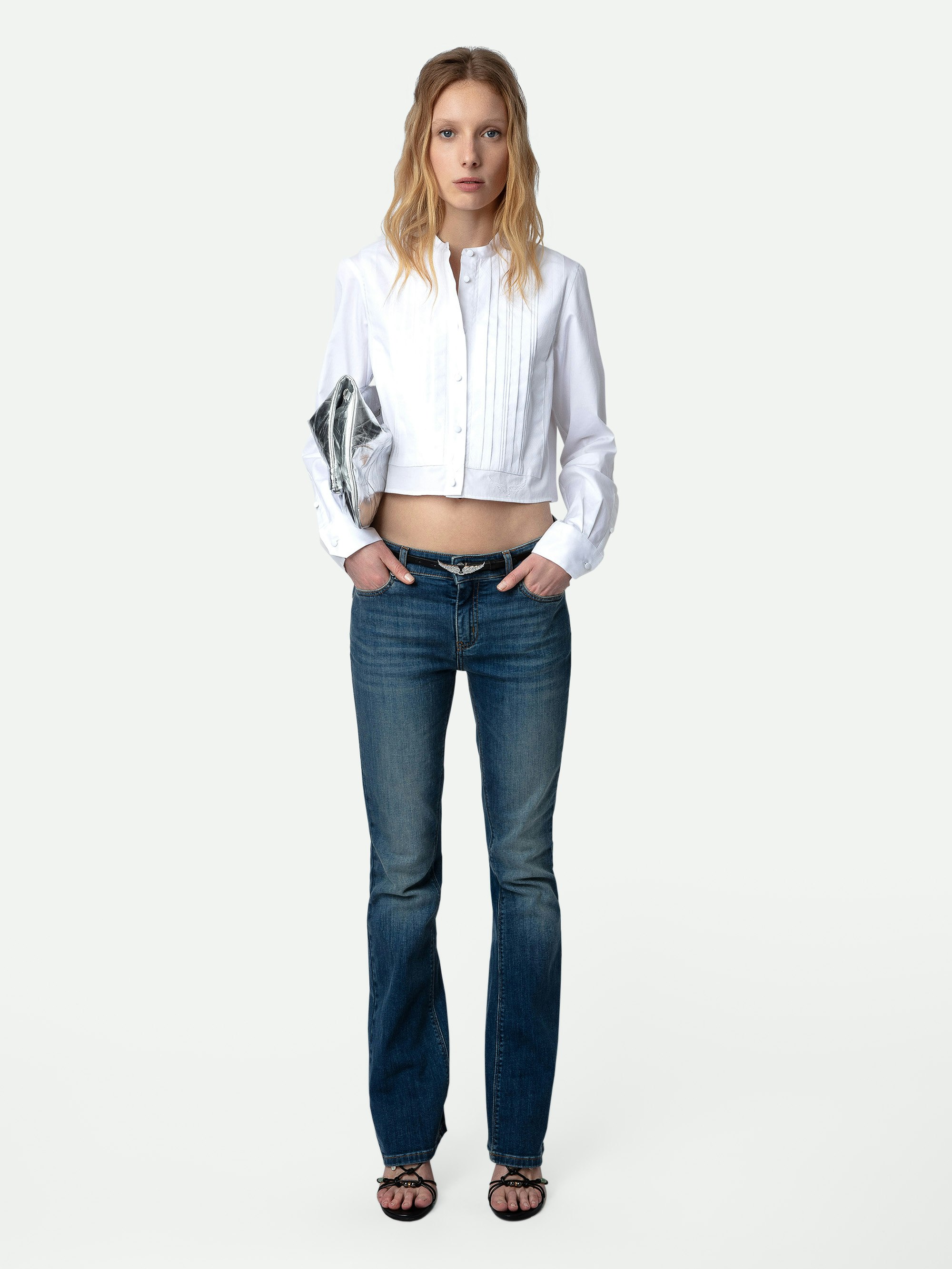 Theby Shirt - White cotton cropped shirt with wings embroidery and pleat details.