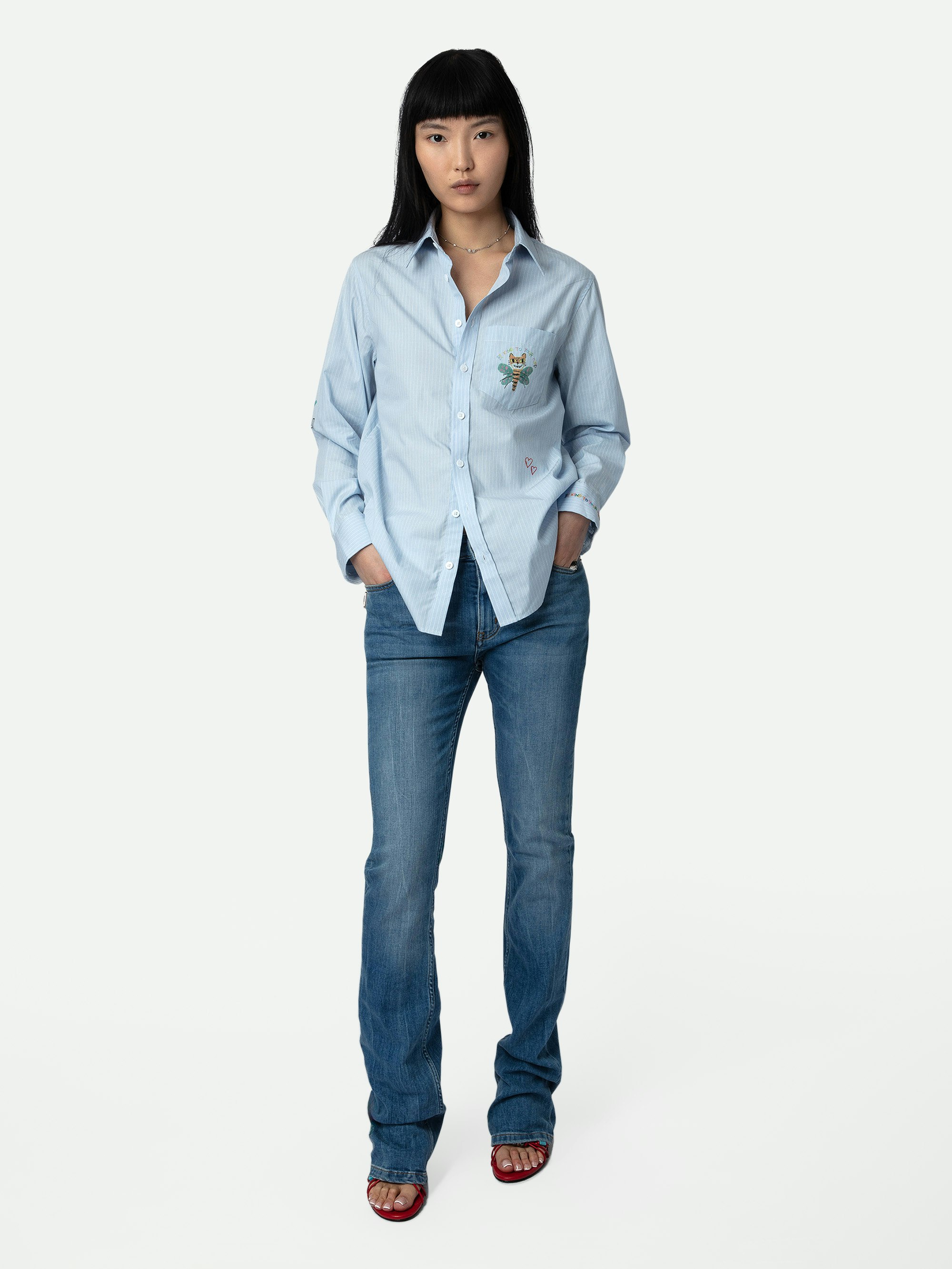 Camisa Taskiz - Camisa azul de algodón con mangas largas, rayas y detalles decorativos de Humberto Cruz.