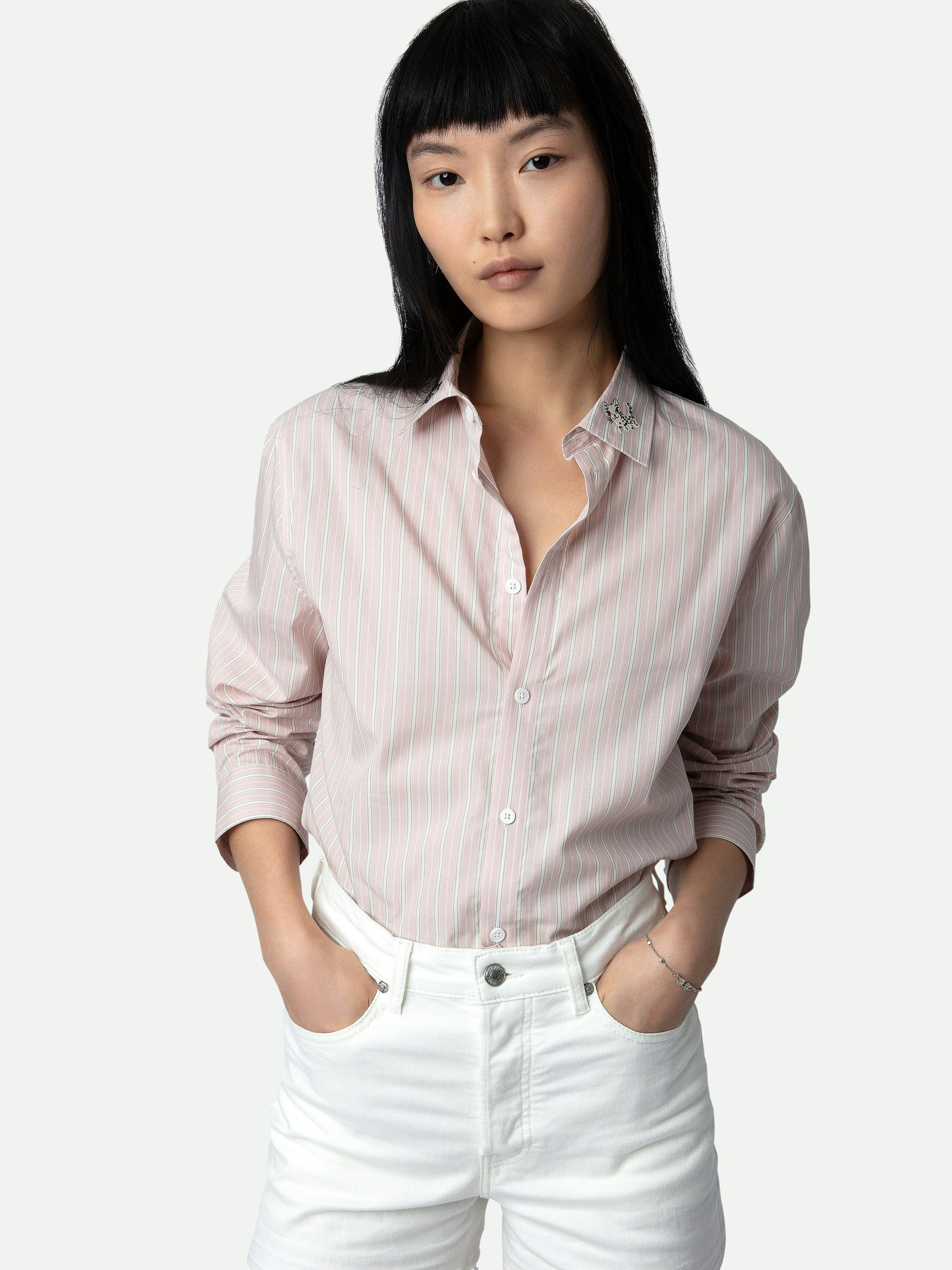 Sydna Shirt - Pale pink cotton long-sleeved shirt with stripes and customized details designed by Humberto Cruz.