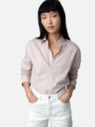 Sydna Shirt - Pale pink cotton long-sleeved shirt with stripes and customised details designed by Humberto Cruz.