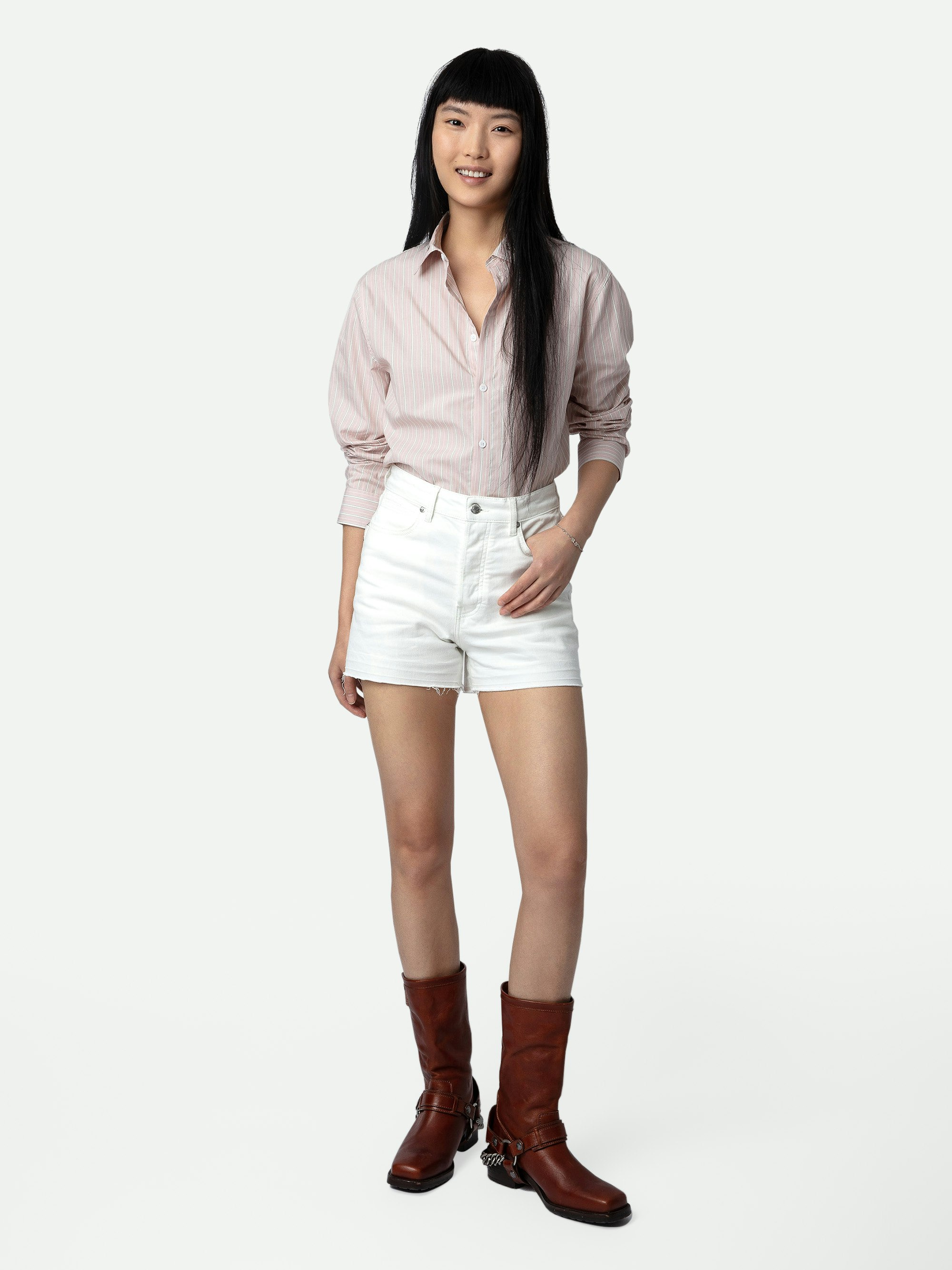 Camicia Sydna - Camicia in cotone rosa pallido a maniche lunghe, righe e personalizzazioni create da Humberto Cruz.