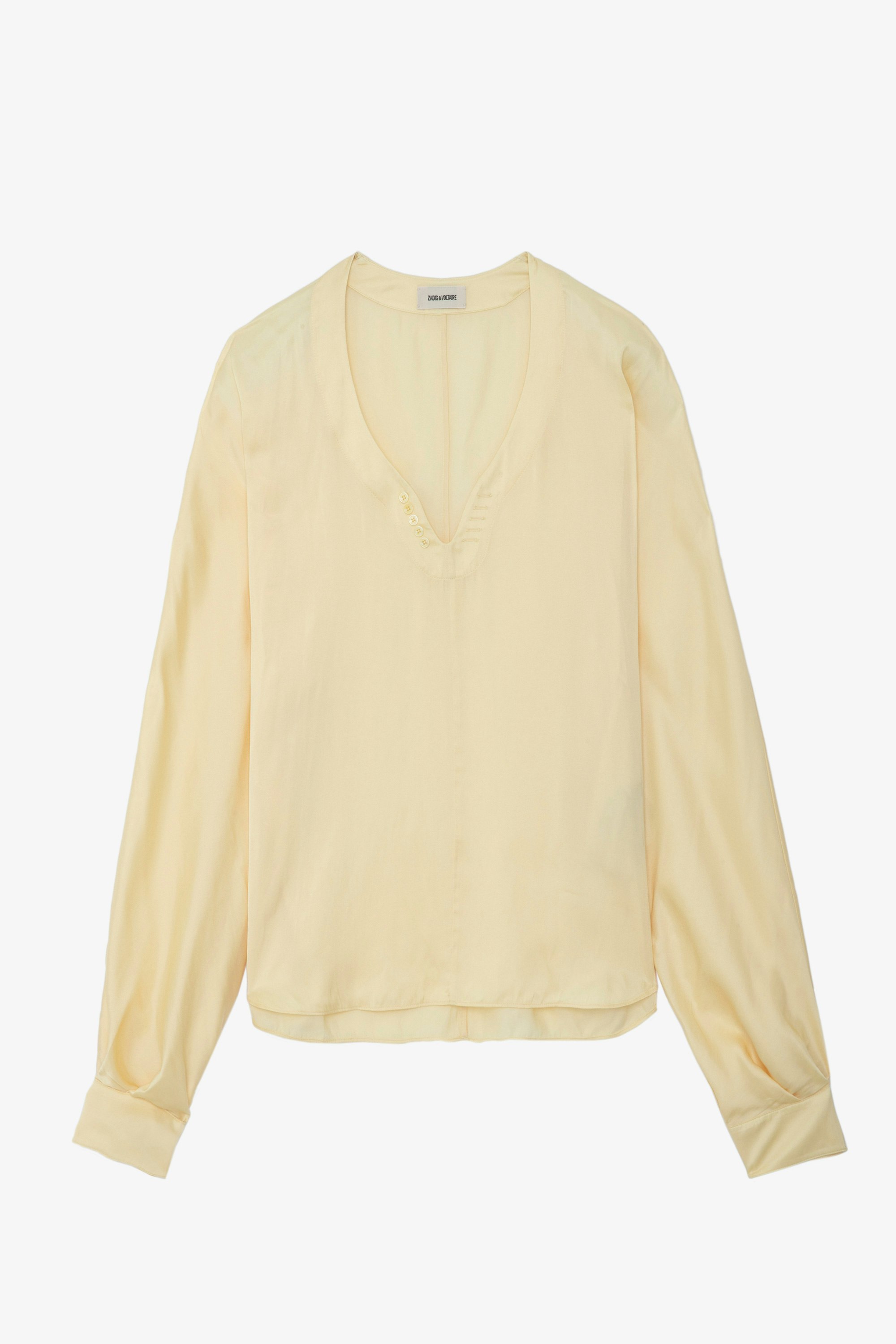 Tonastir Satin Blouse - Light yellow satin Henley blouse with long sleeves.