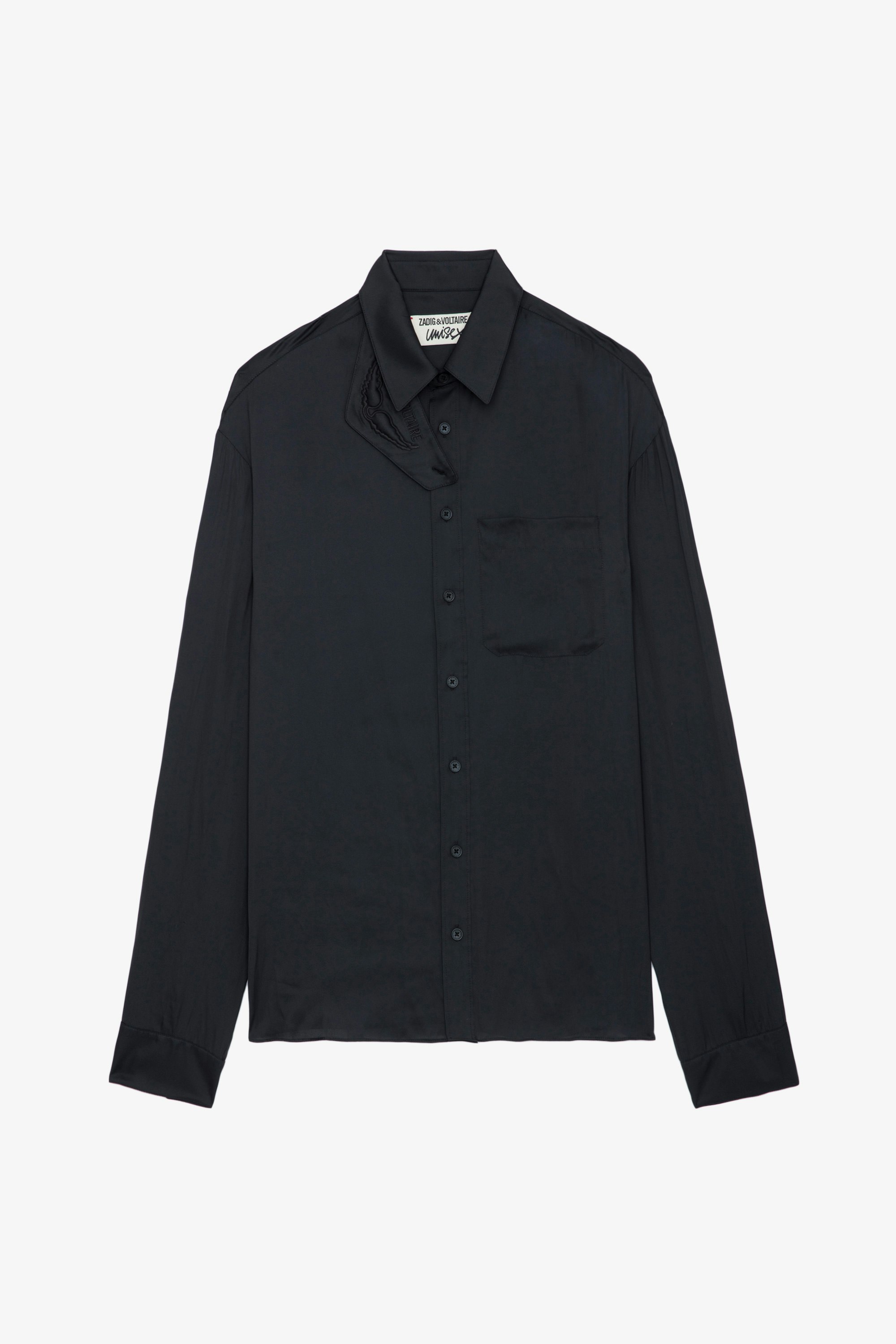 Camisa de Satén Tyrone - Camisa negra de satén con cierre abotonado, bolsillo y cuello con protección desmontable.