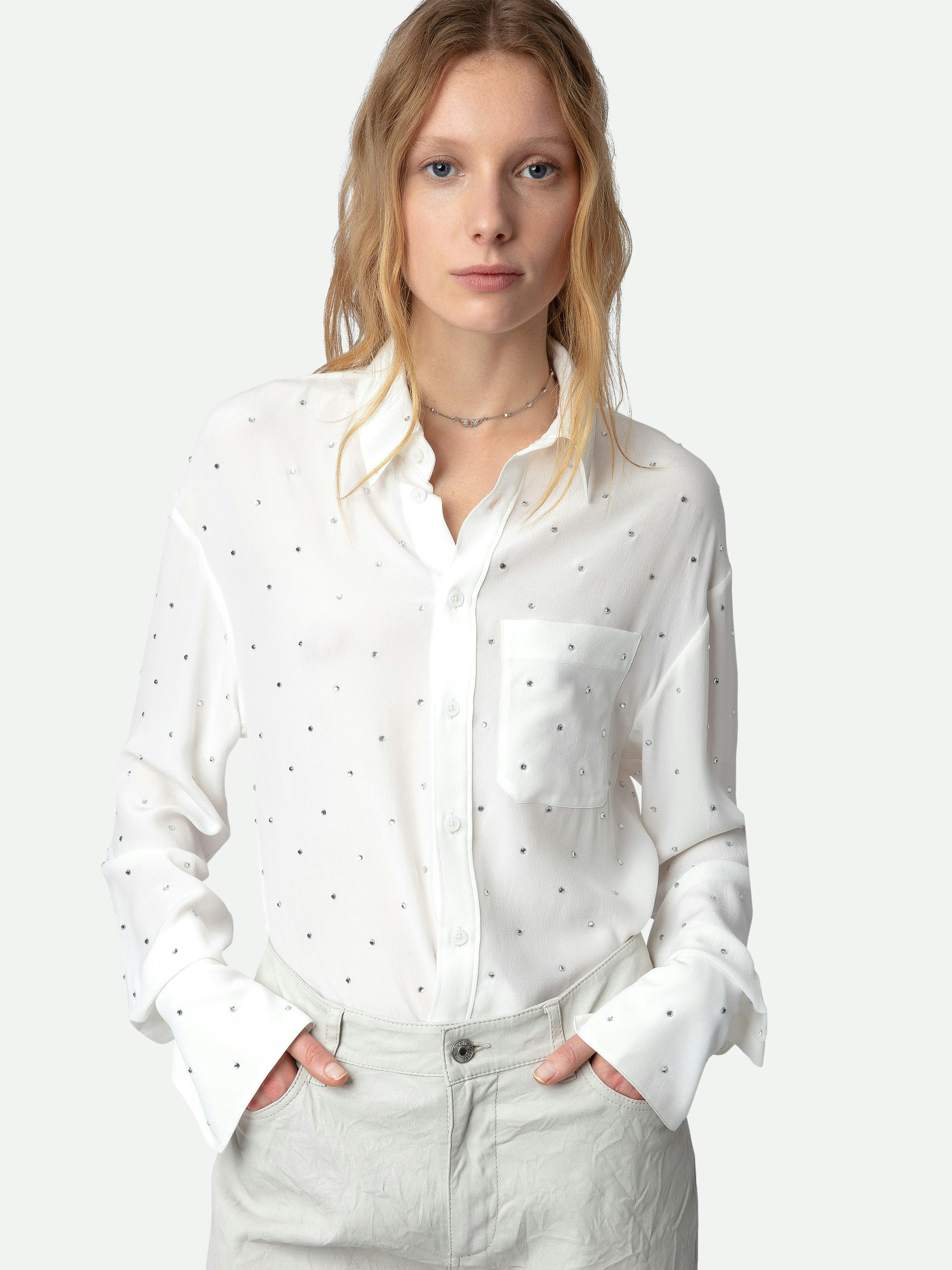 Tyrone Diamanté Shirt - Women's white diamanté silk shirt with detachable tab at collar.