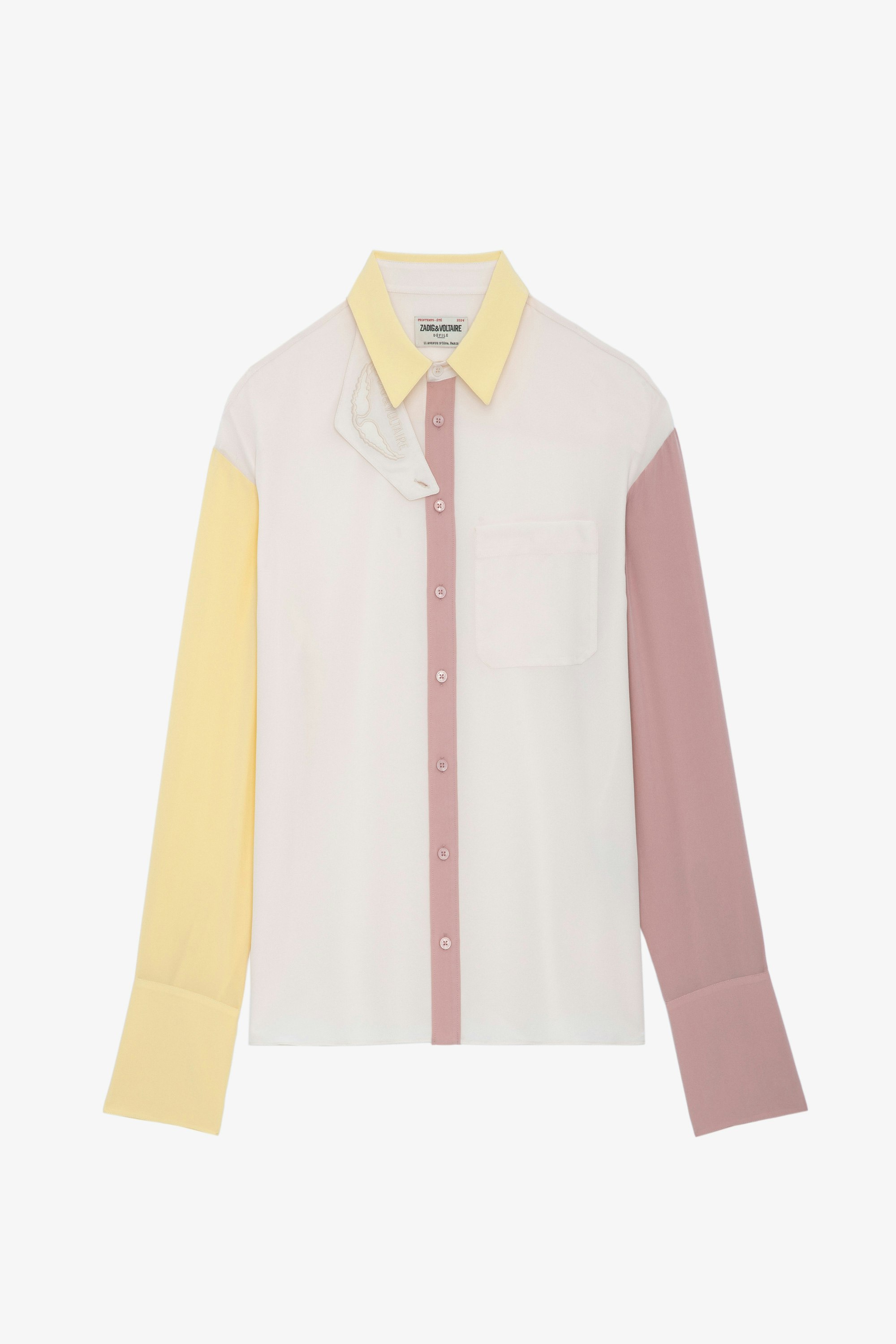 Tyrone Shirt - Women's colorblocked silk shirt with detachable tab at collar.