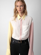 Tyrone Shirt - Women's colorblocked silk shirt with detachable tab at collar.