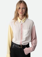 Tyrone Shirt - Women's colorblocked silk shirt with detachable tab at collar.