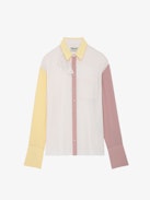 Tyrone Shirt - Women's colorblocked silk shirt with detachable tab at collar.