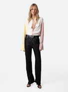 Tyrone Shirt - Women's colorblocked silk shirt with detachable tab at collar.