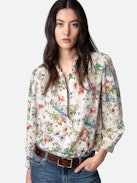 Tadeo Diamanté Silk Blouse - Ecru silk blouse with Twisted Garden print, 3/4-length sleeves and diamanté-embellished cuffs.