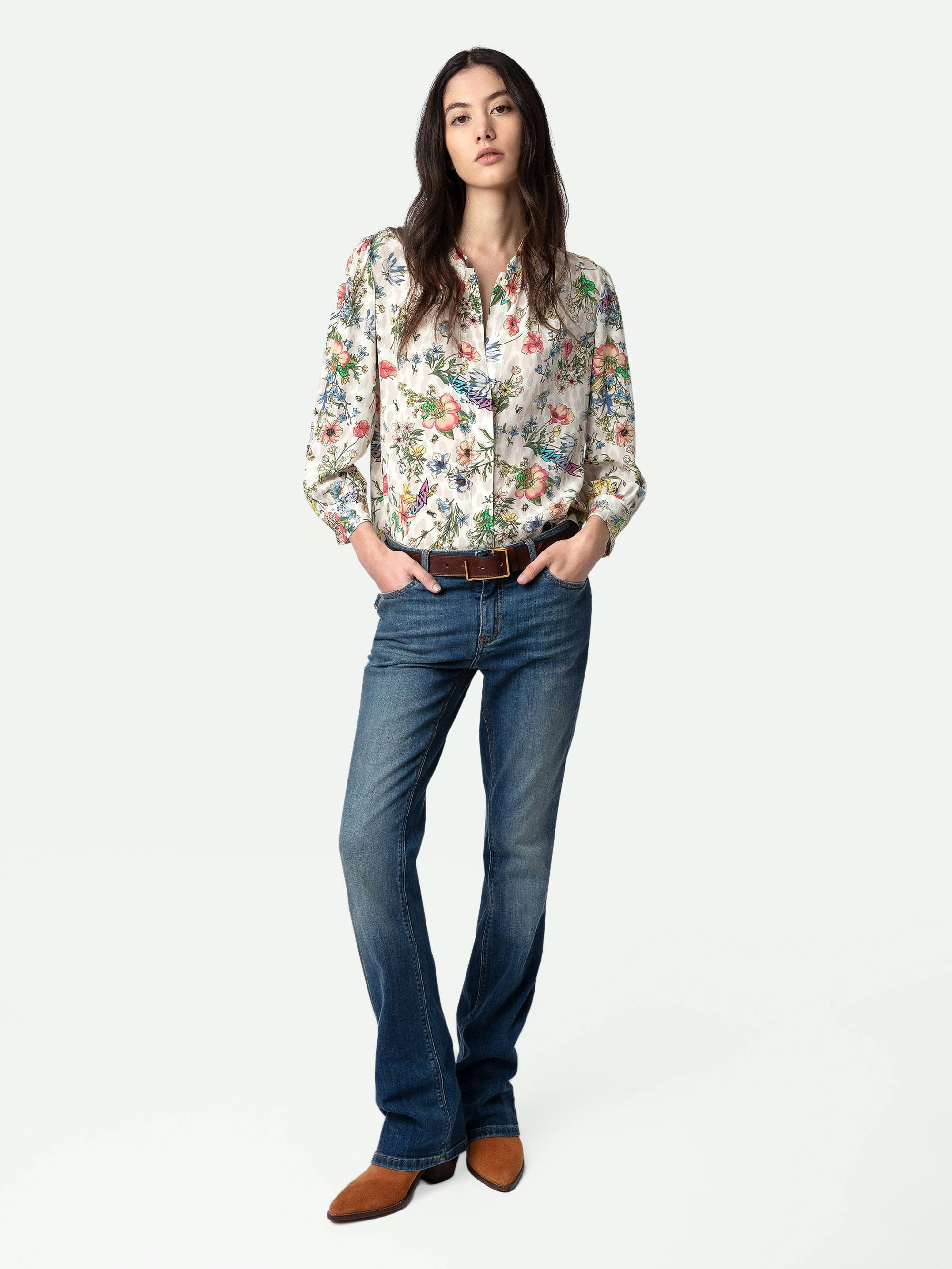 Tadeo Diamanté Silk Blouse - Ecru silk blouse with Twisted Garden print, 3/4-length sleeves and diamanté-embellished cuffs.