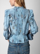 Talixia Diamanté Blouse - Women's blue floral print blouse with diamanté.