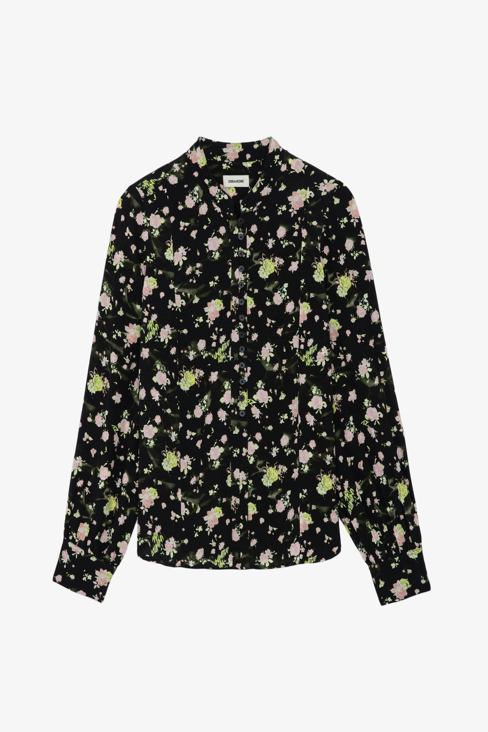 Twina Soft Crinkle Roses Shirt - Women’s black floral-print blouse.