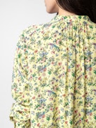 Tink Satin Blouse - Women’s yellow floral blouse with open collar.