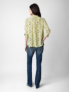 Tink Satin Blouse - Women’s yellow floral blouse with open collar.