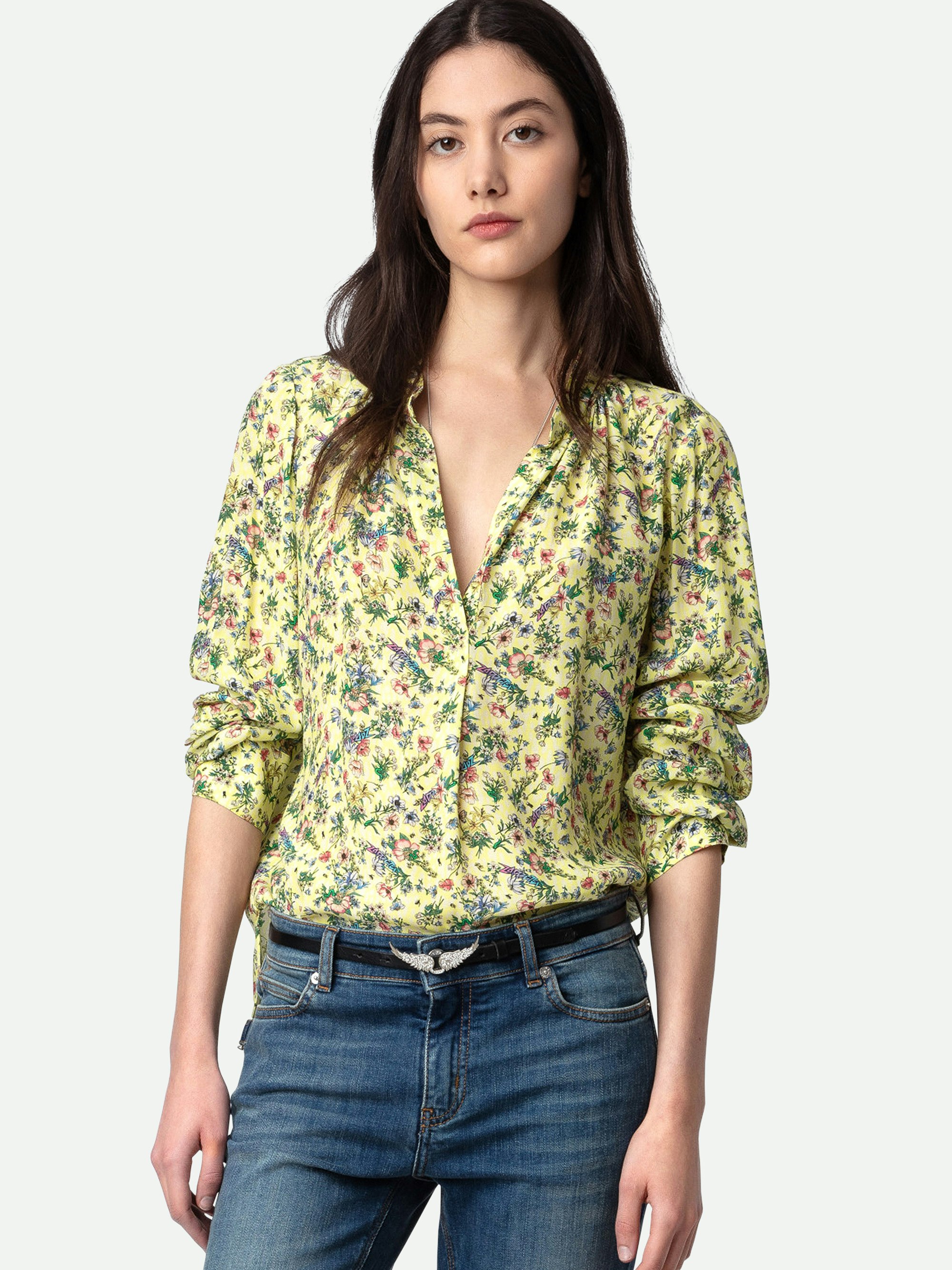 Tink Satin Blouse - Women’s yellow floral blouse with open collar.