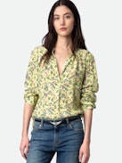 Tink Satin Blouse - Women’s yellow floral blouse with open collar.