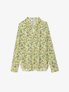 Tink Satin Blouse - Women’s yellow floral blouse with open collar.