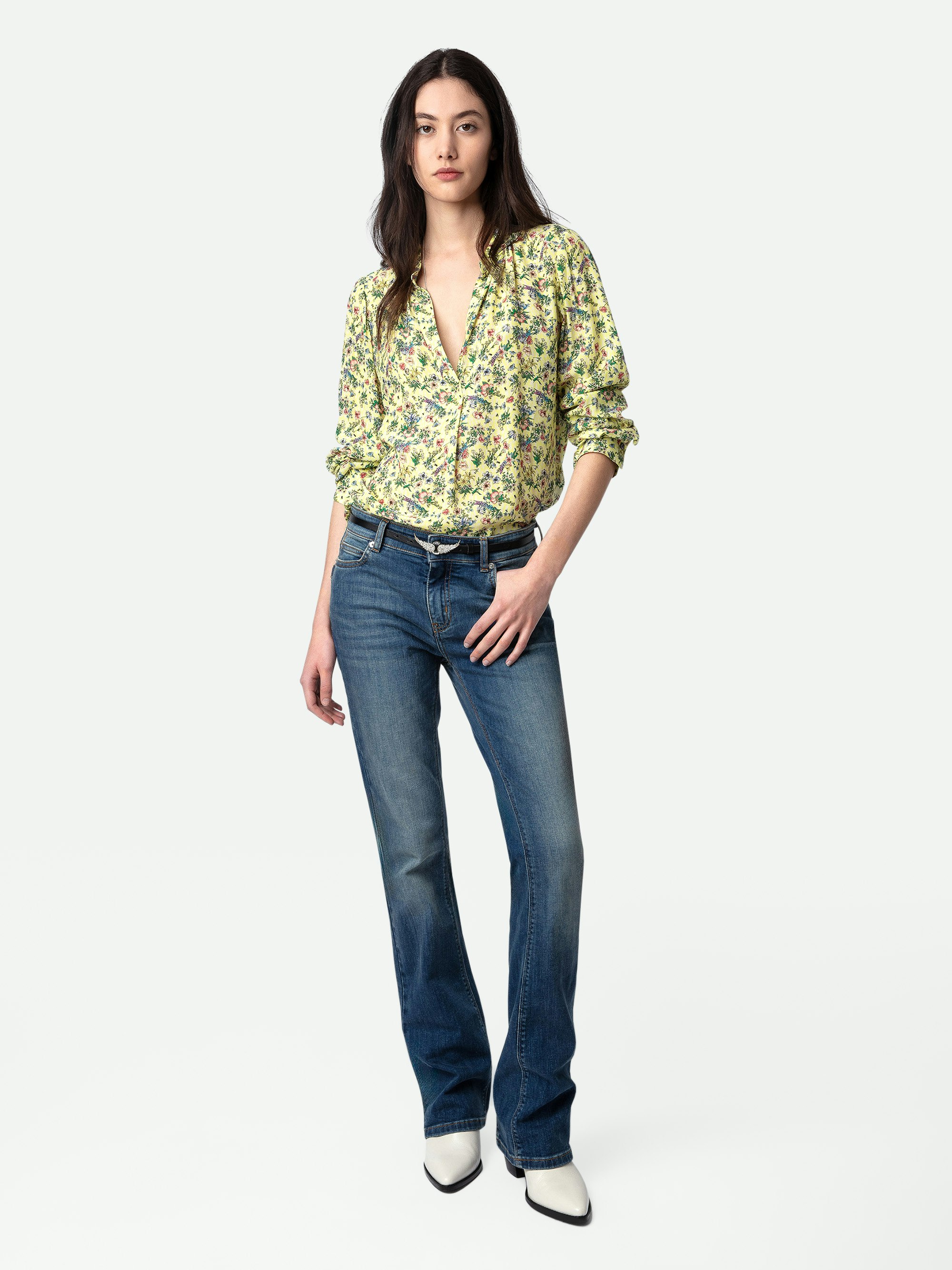 Tink Satin Blouse - Women’s yellow floral blouse with open collar.
