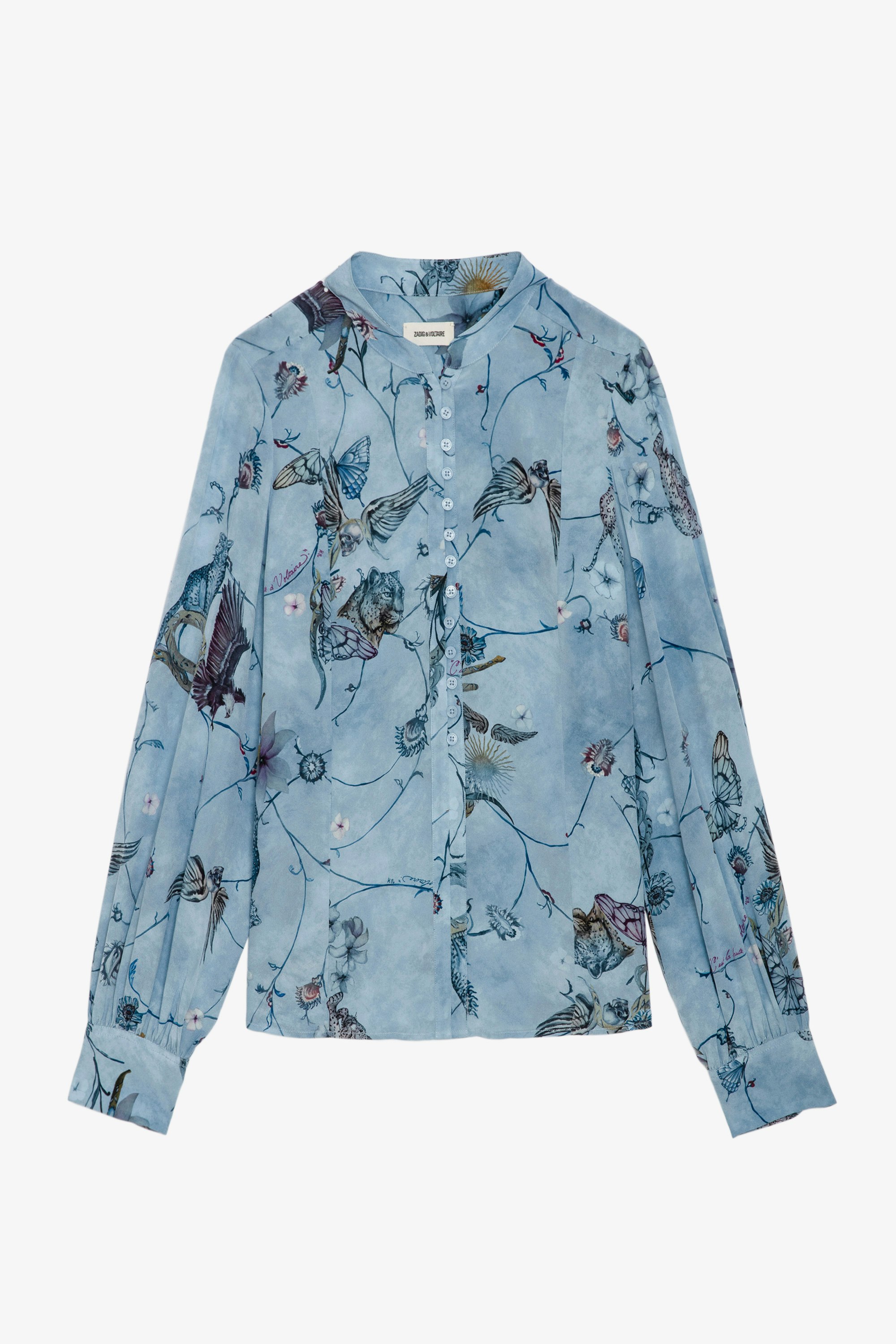 Twina Silk Blouse - Printed blue silk blouse with long sleeves.