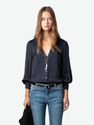 Tinous Satin Shirt - Long-sleeved navy blue V-neck satin shirt with cuffs with diamanté jewelled buttons.