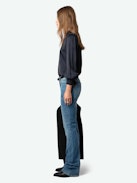 Tinous Satin Shirt - Long-sleeved navy blue V-neck satin shirt with cuffs with diamanté jewelled buttons.