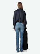Tinous Satin Shirt - Long-sleeved navy blue V-neck satin shirt with cuffs with diamanté jewelled buttons.