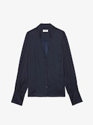Tinous Satin Shirt - Long-sleeved navy blue V-neck satin shirt with cuffs with diamanté jewelled buttons.
