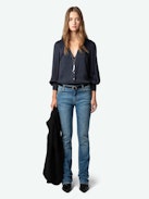 Tinous Satin Shirt - Long-sleeved navy blue V-neck satin shirt with cuffs with diamanté jewelled buttons.