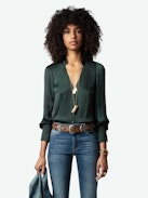 Camisa Tinous de Satén - Camisa de satén con cuello de pico, de manga larga, con botones de bisutería con strass en los puños.