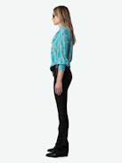 Tuile Silk Blouse - Long-sleeved blue silk blouse with ZV chain motifs and V-neck with removable necktie.