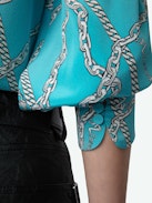 Tuile Silk Blouse - Long-sleeved blue silk blouse with ZV chain motifs and V-neck with removable necktie.