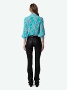 Tuile Silk Blouse - Long-sleeved blue silk blouse with ZV chain motifs and V-neck with removable necktie.