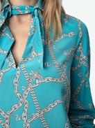 Tuile Silk Blouse - Long-sleeved blue silk blouse with ZV chain motifs and V-neck with removable necktie.