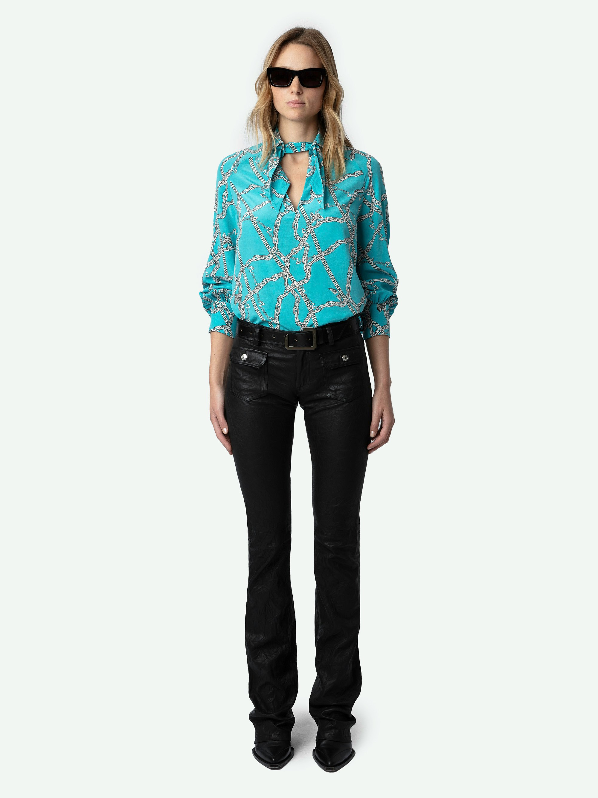 Tuile Silk Blouse - Long-sleeved blue silk blouse with ZV chain motifs and V-neck with removable necktie.